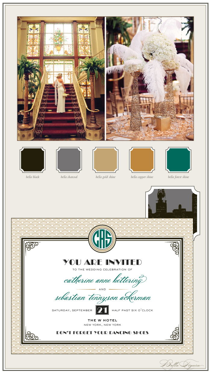 Letterpress and foil Gatsby themed wedding invitations