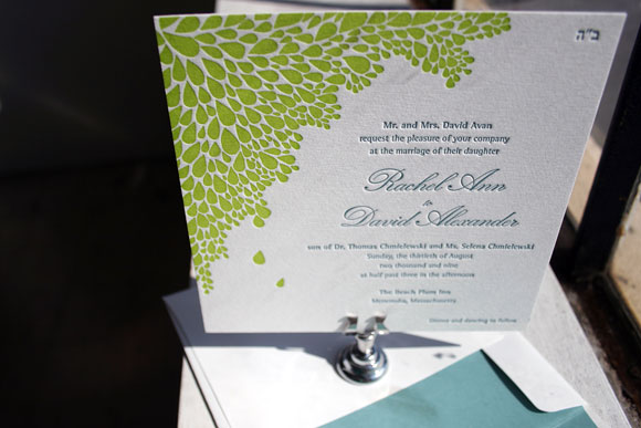 Bright Green Dewdrop Letterpress Wedding Invitation by Bella Figura