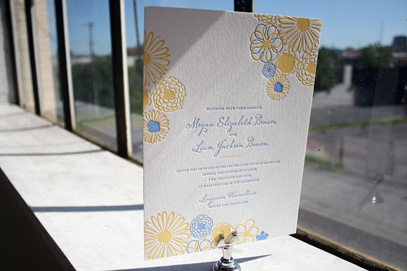 Blue and Yellow Floweret Letterpress Wedding Invitation by Bella Figura
