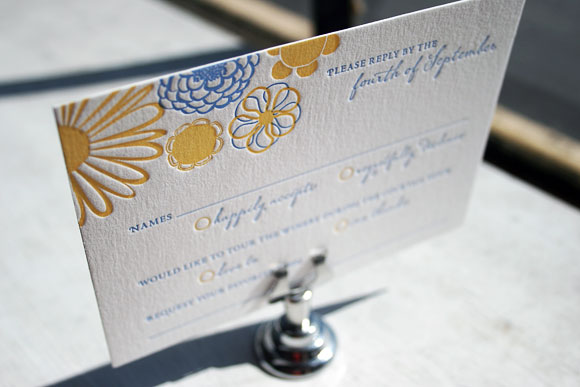Blue and Yellow Floweret Letterpress Wedding Invitation by Bella Figura