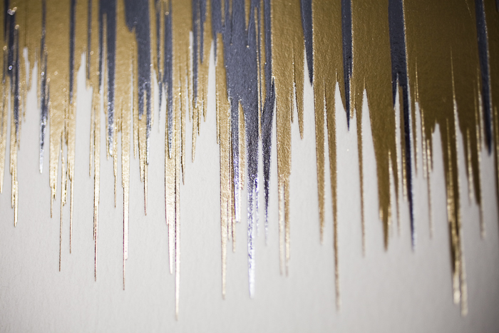 Fugue, a new design by Kamal for Bella Figura, is foil stamped in silver and gold