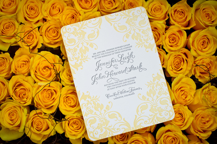 Elegant letterpress wedding invitations from Bella Figura printed in yellow & gray ink