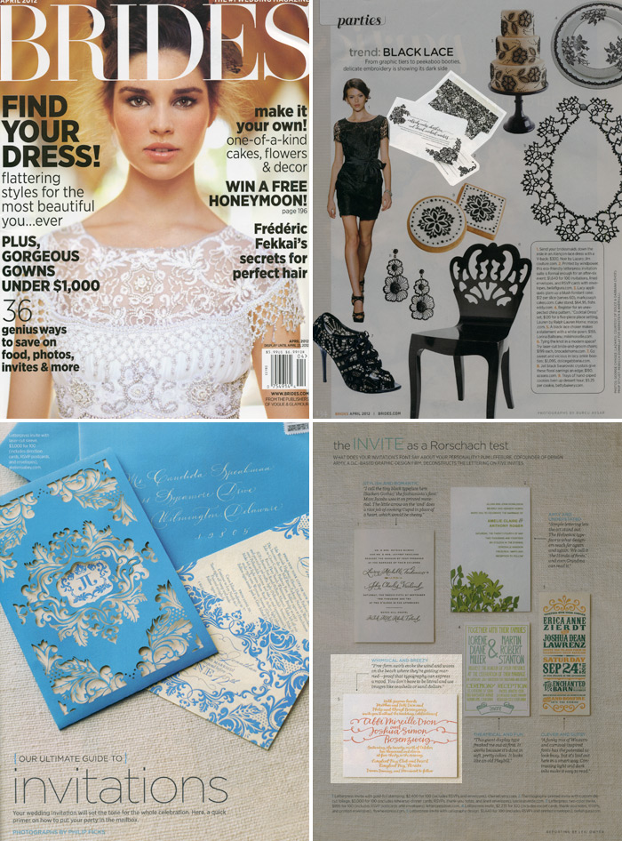 Brides magazine featured Bella Figura invitations in their April Issue! The Lace design and String Calligraphy invitations were both featured. 