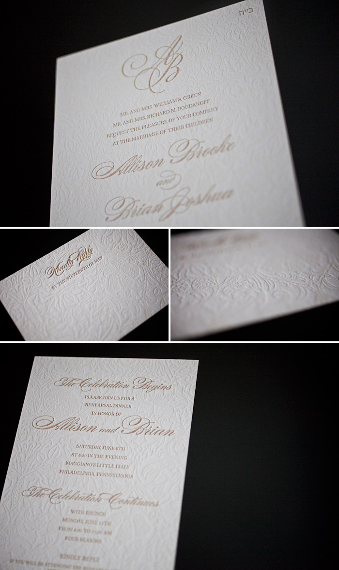 This is a customization of Bella Figura's Cecilia letterpress wedding invitation design. Letterpressed in cream and antique gold it is a very romantic style.