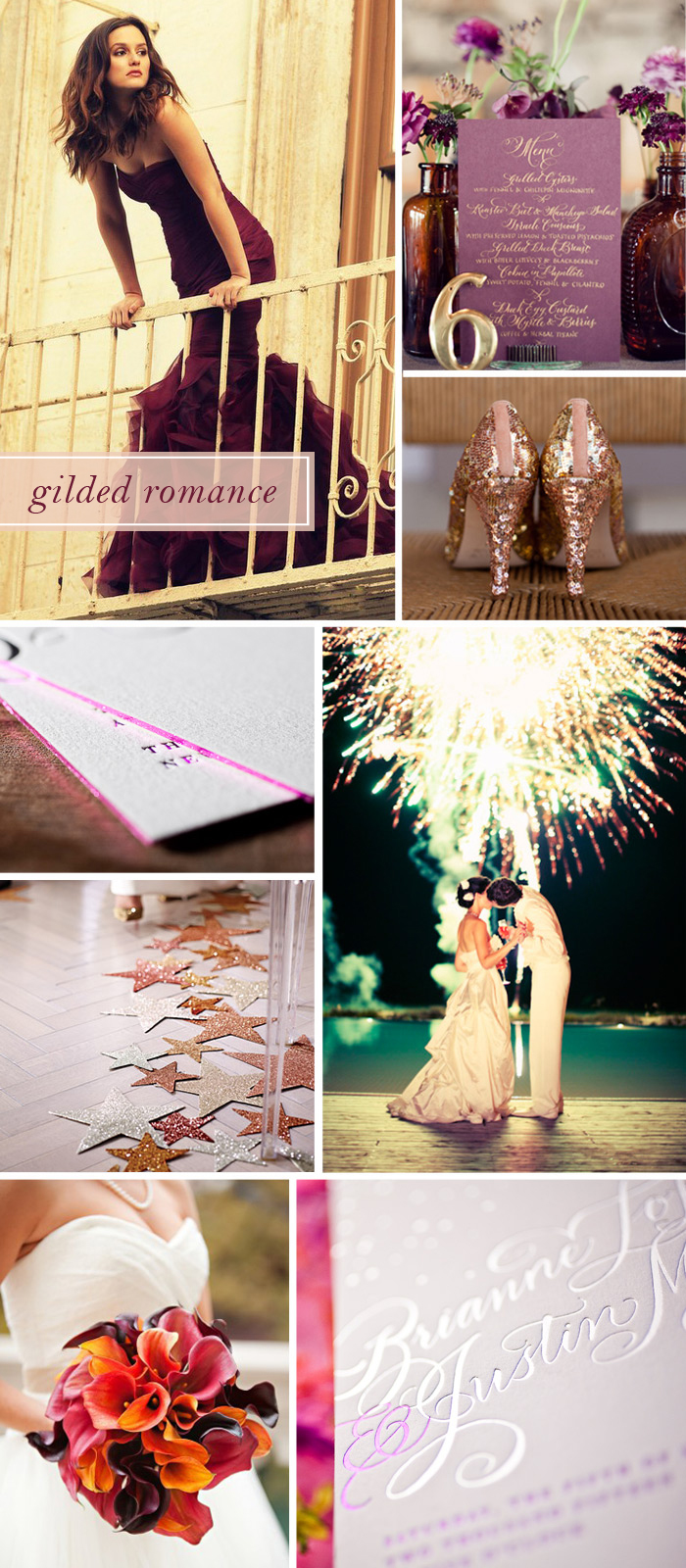 Sparkling shoes, a rich plum dress and glittering fireworks inspired Bella Figura's Gilded Romance design