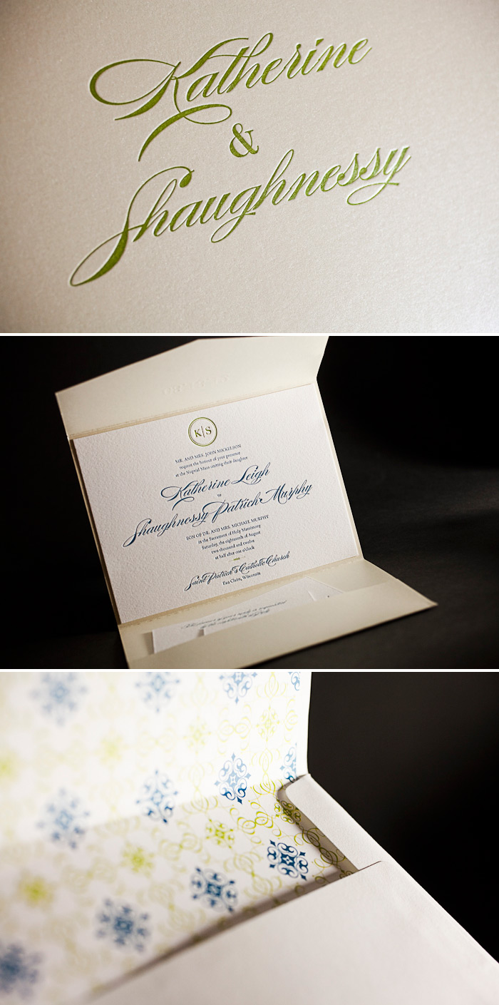 This is a customization of Bella Figura's Deveril design letterpress printed in chartreuse and mediterranean inks. It features a letterpress printed pocketfold.