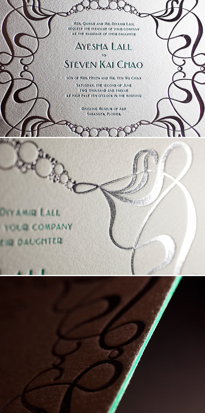 This is a customization of Bella Figura's Emile design that is both letterpress printed and foil stamped. 