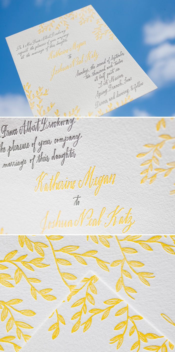 This wedding invitation customization of Bella Figura's Sonoma Calligraphy design is letterpressed in pewter and yolk inks.
