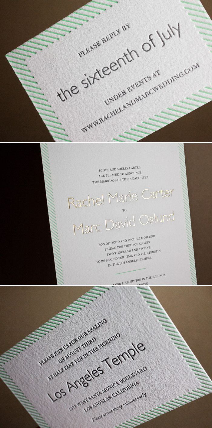 This is a customization of Bella Figura's Simple Stripes design featured in 2 color letterpress inks and 1 color foil.