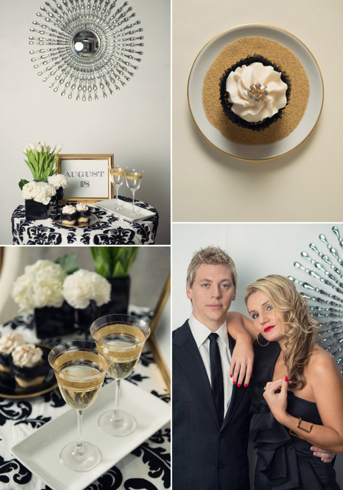 Shawna Marie styled this beautiful save the date party with pretty gold touches and our Glamorous Blooms invitation design