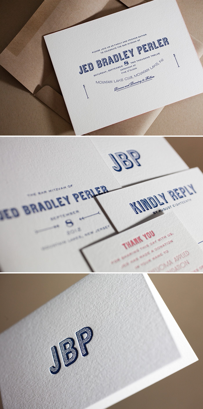 These are bar mitzvah letterpress invitations by Bella Figura's in the Carte de Visite design.