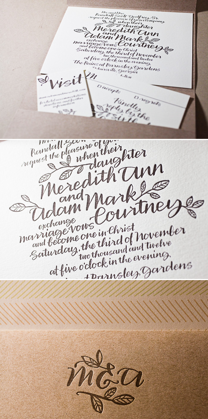 Earthy letterpress paired with custom hand calligraphy make this a perfect wedding invitation.