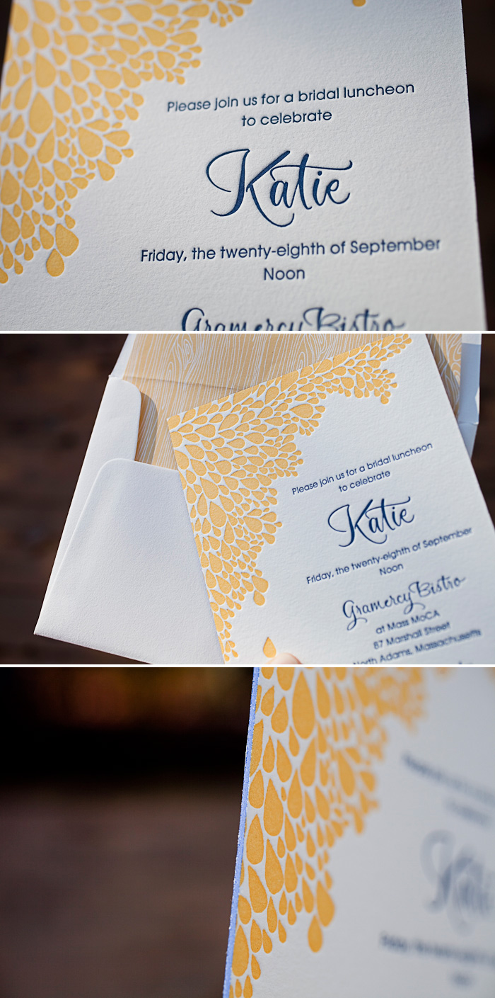 A combination of champagne and navy letterpress make our Dewdrop invitation unique.