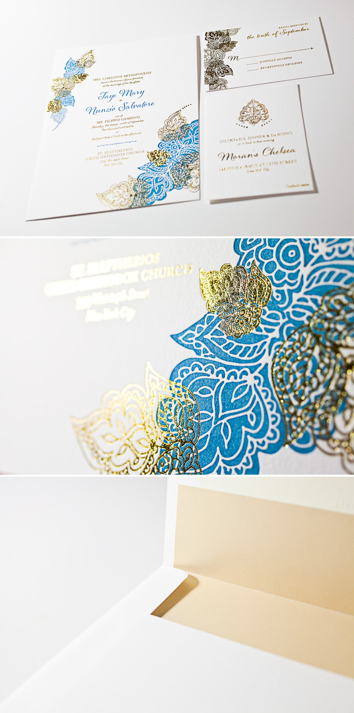 This is a combination of letterpress and foil wedding invitations in our Divya Formal design.