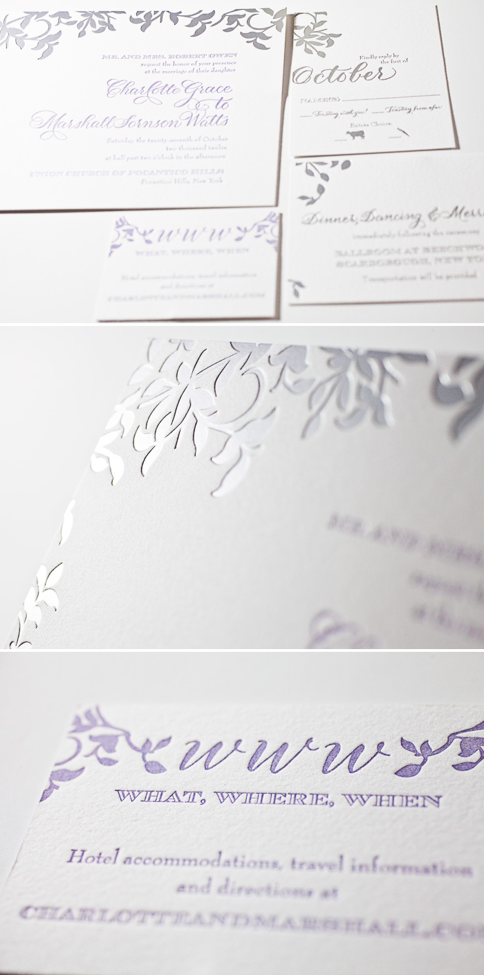 This is a letterpress + foil customization of Gramercy featuring hand calligraphy