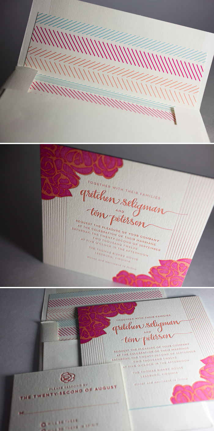 This whimsical and colorful letterpress wedding invitation is a customization of Bella Figura's Rose design.