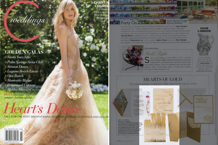 C Magazine featured Bella Figura's foil stamped Fugue and Ornate Flourish invitations as part of their party inspiration palette
