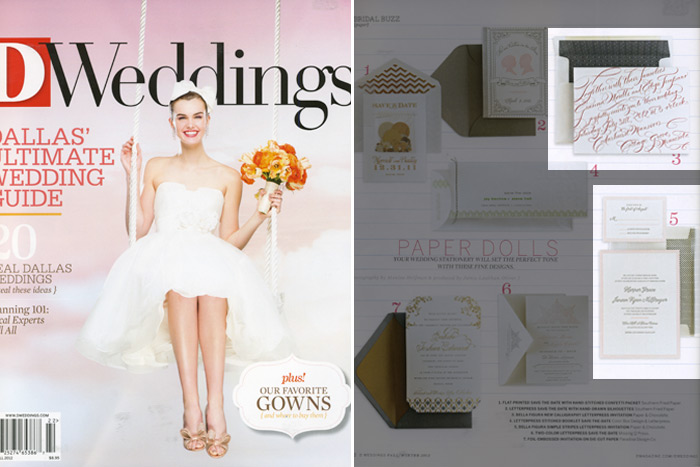 The fall 2012 issue of D Weddings featured Bella Figura dealer Paper & Chocolate along with Bella Figura's New Calligraphy and Simple Stripes designs
