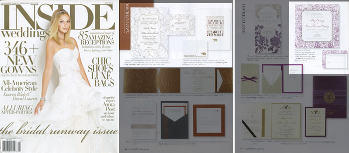 Inside Weddings featured letterpress and foil stamped invitations from Bella Figura in their Fall 2012 issue
