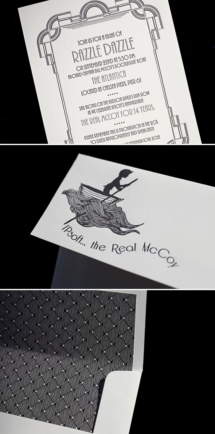 Our Deco letterpress invitation is customized in 2 colors for a 1920s theme
