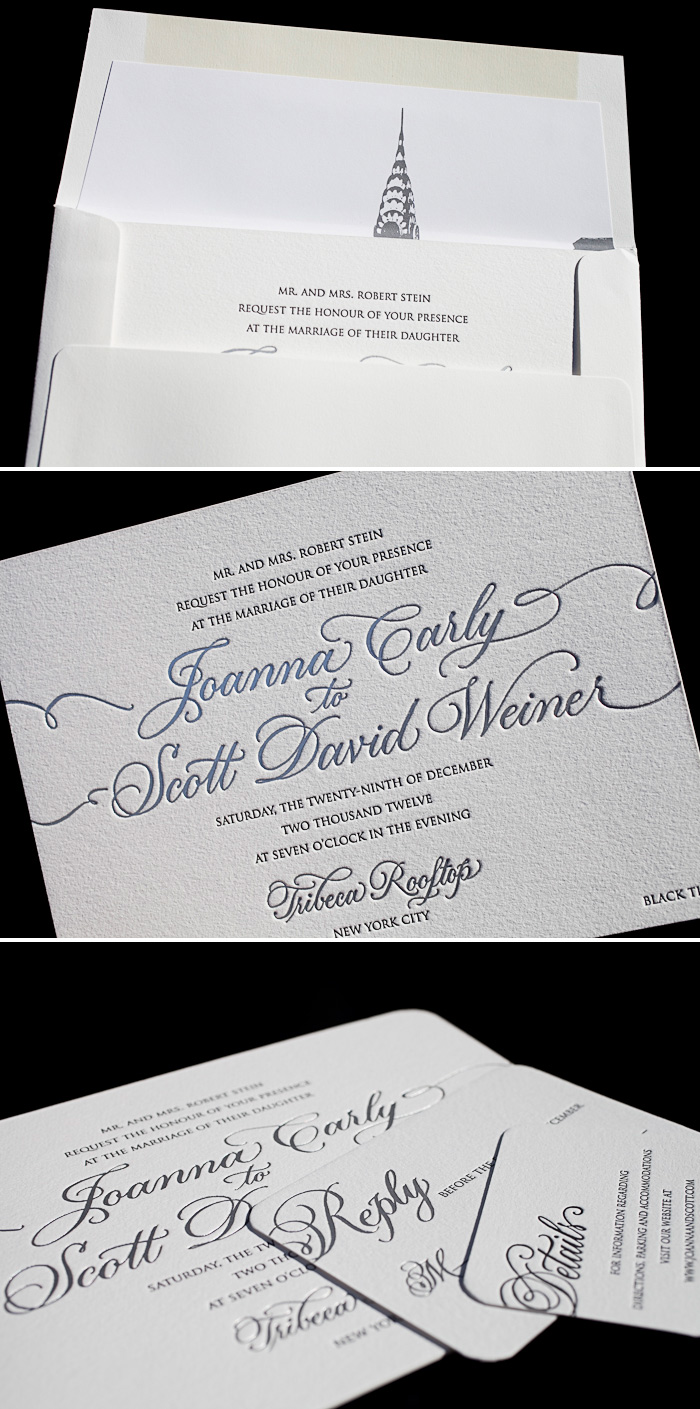 Black and silver matte foil are the perfect colors for a black tie letterpress wedding invitation
