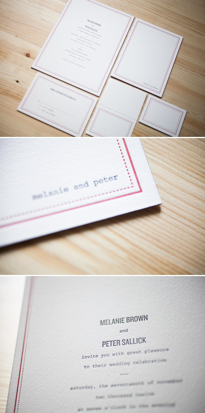 Cardinal and charcoal letterpress inks are carried throughout this wedding suite