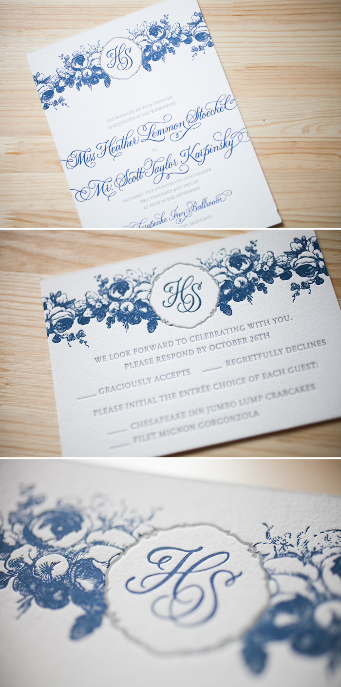 Letterpress wedding invitations that feature custom calligraphy monograms.