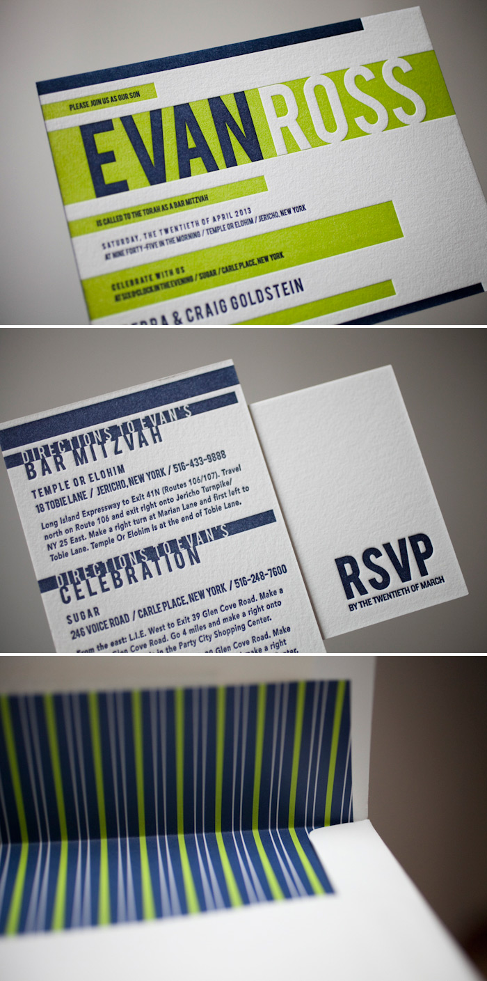 Letterpress bar mitzvah invitations in a custom blend
