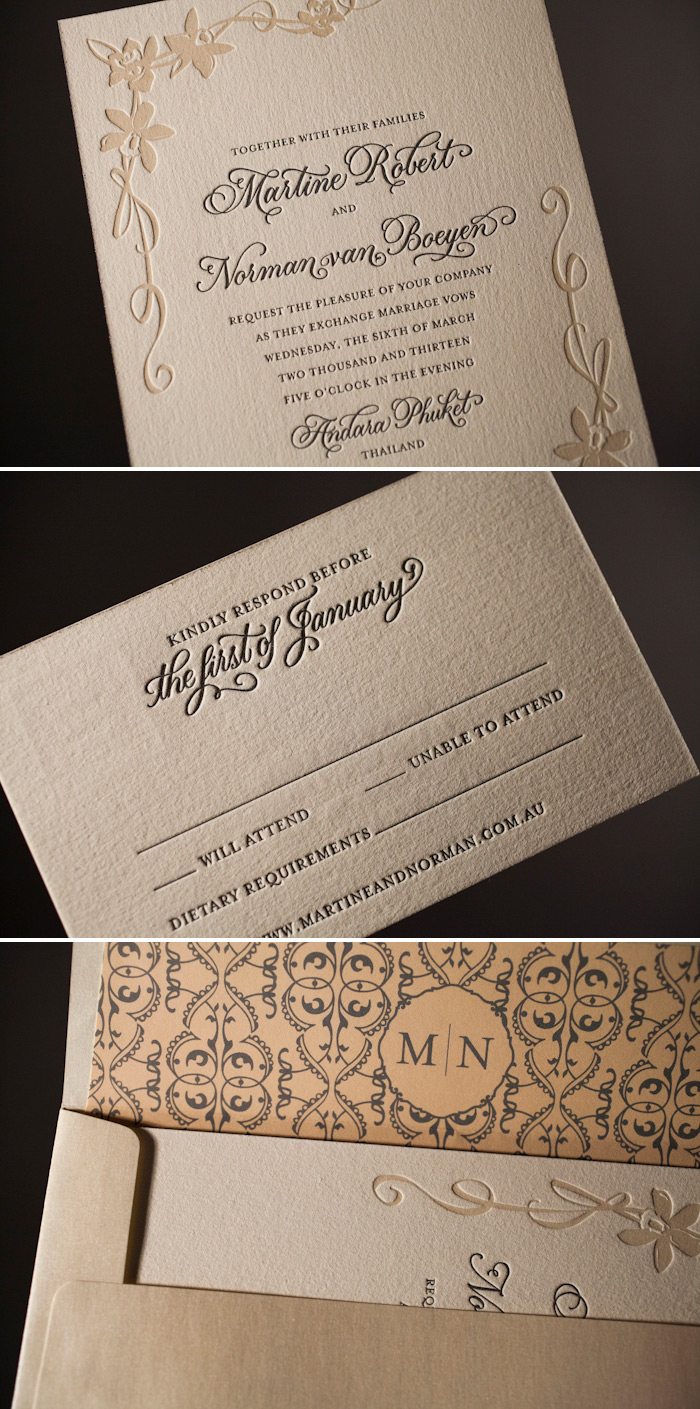 Tone-on-tone letterpress wedding invitations in a traditional style.