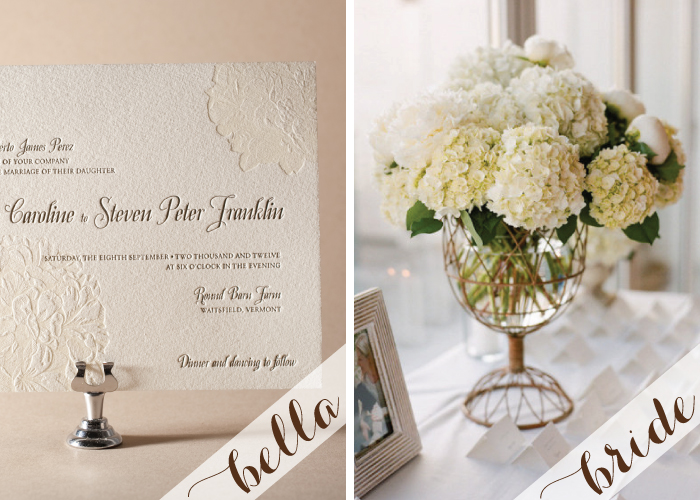 Tone-on-tone letterpress wedding invitations in a traditional style.