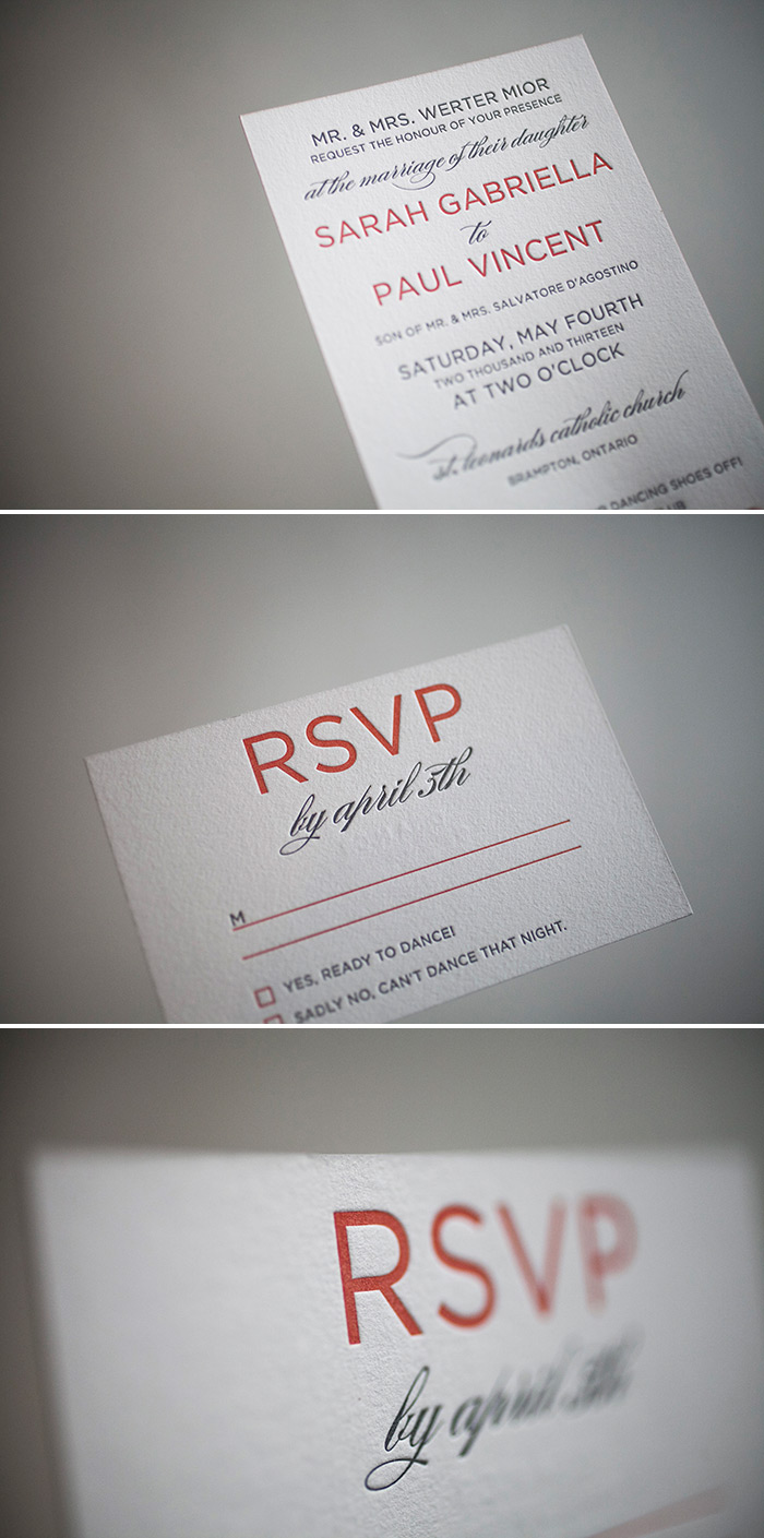 Pewter and papaya letterpress wedding invitations