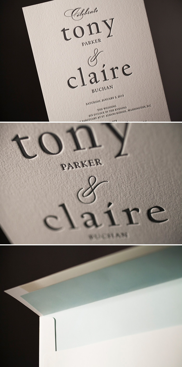 A soft color palette enhances this custom letterpress wedding suite.
