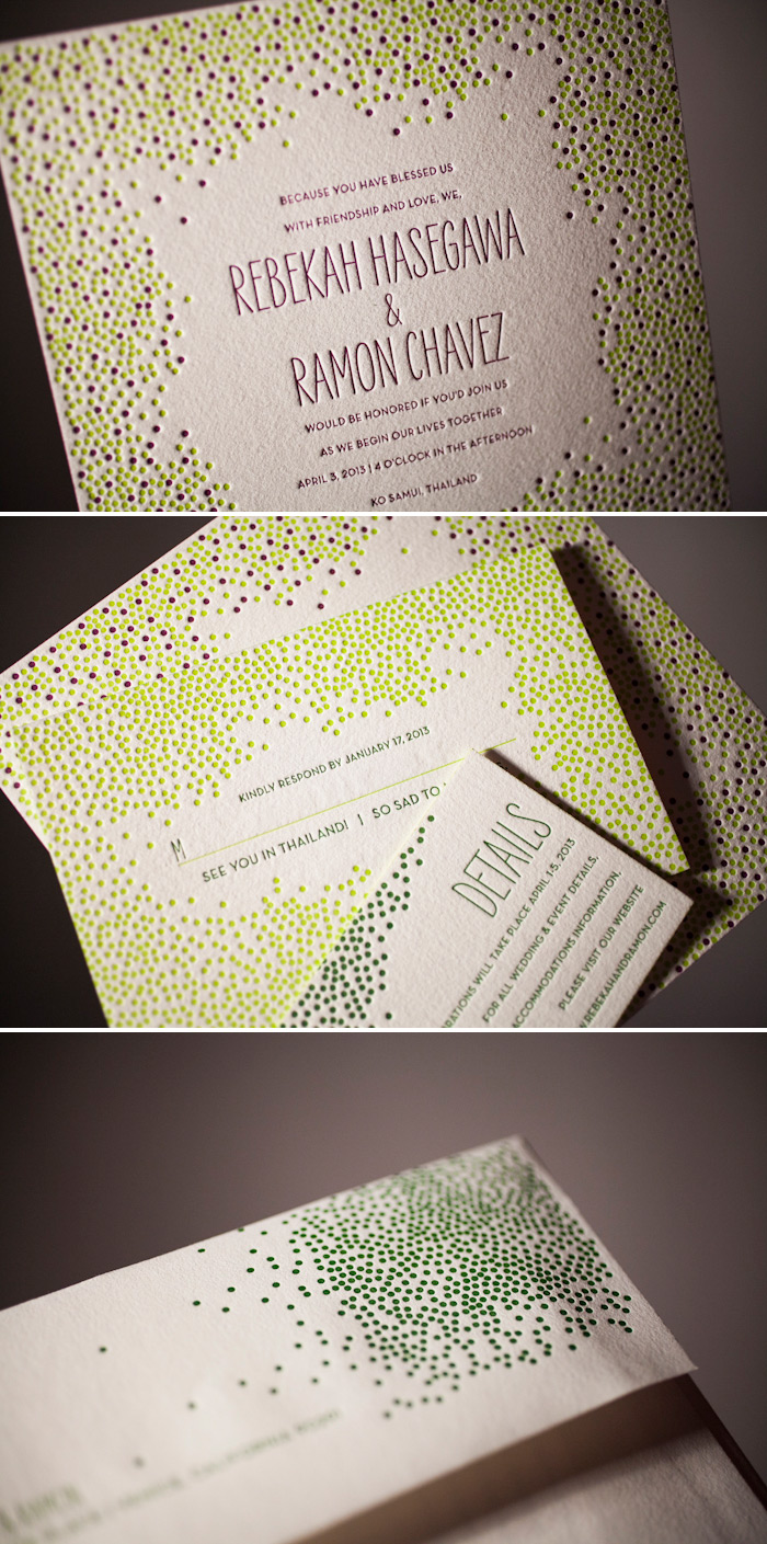 Letterpress wedding invitations in a colorful palette