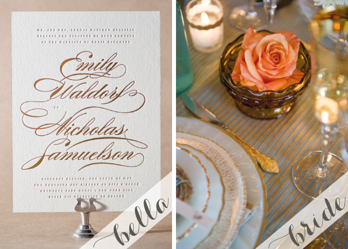 Letterpress + foil wedding inspiration featuring the Whisper wedding invitation from Bella Figura