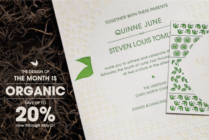 Save on the Organic letterpress wedding invitation suite now through May 31 from Bella Figura