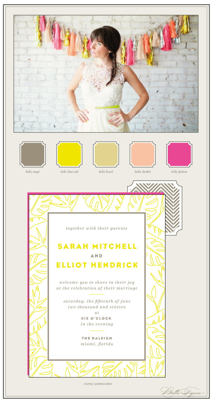 neon letterpress invitations with a tropical style