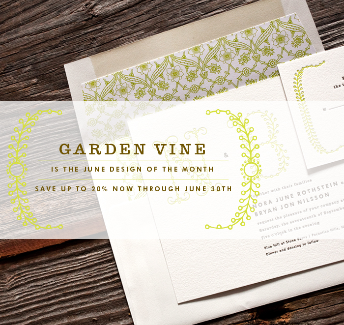 Save up to 20% on the Bella Figura letterpress invitation suite Garden Vine now through June 30