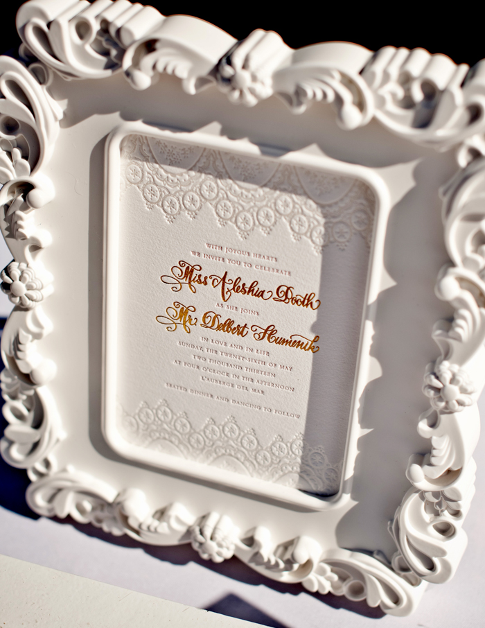 Glamorous wedding invitations featuring the Bella Figura Istanbul Lace design, foil stamping and letterpress for an elegant invitation look