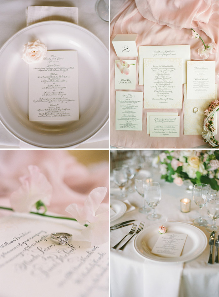 Soft and romantic hand calligraphy letterpressed wedding invitations by Bella Figura