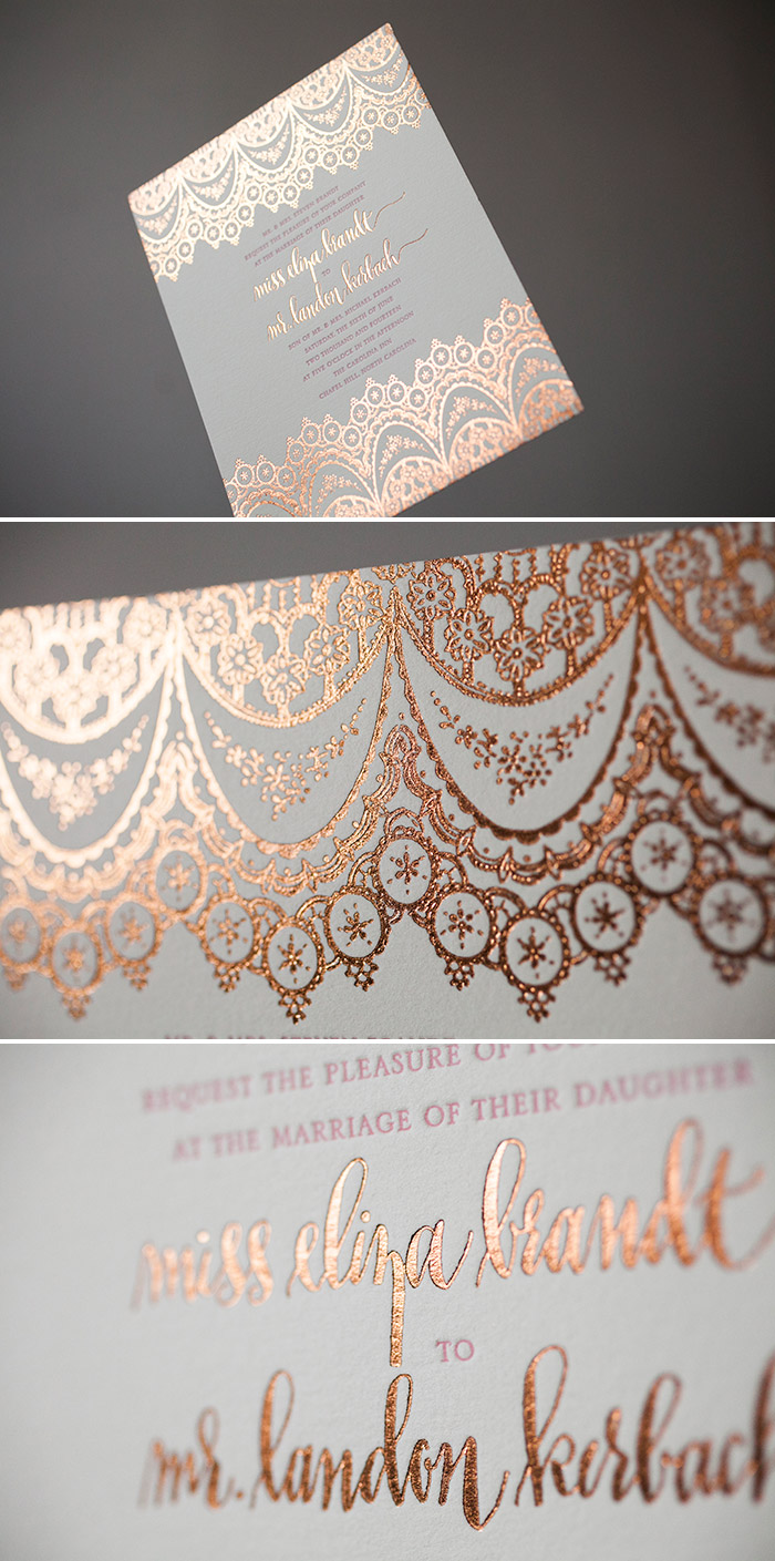 Elegant + Exotic wedding invitations in Copper Shine foil 