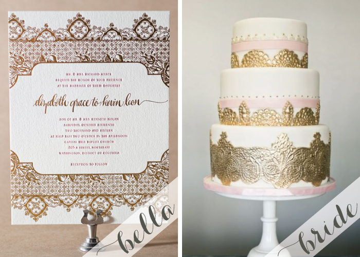 Ornate gold foil and soft pink letterpress wedding invitations