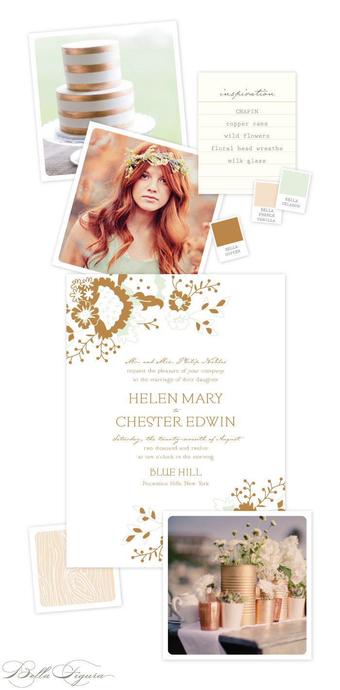 Be inspired by Bella Figura's romantic wedding invitations printed in copper and celadon 